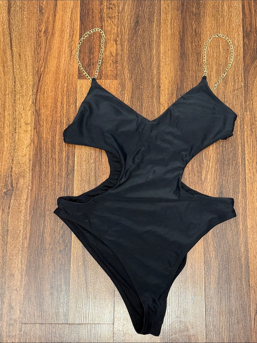 Black Cutout One-Piece Sommer Ray Swimsuit with Gold Chain Straps